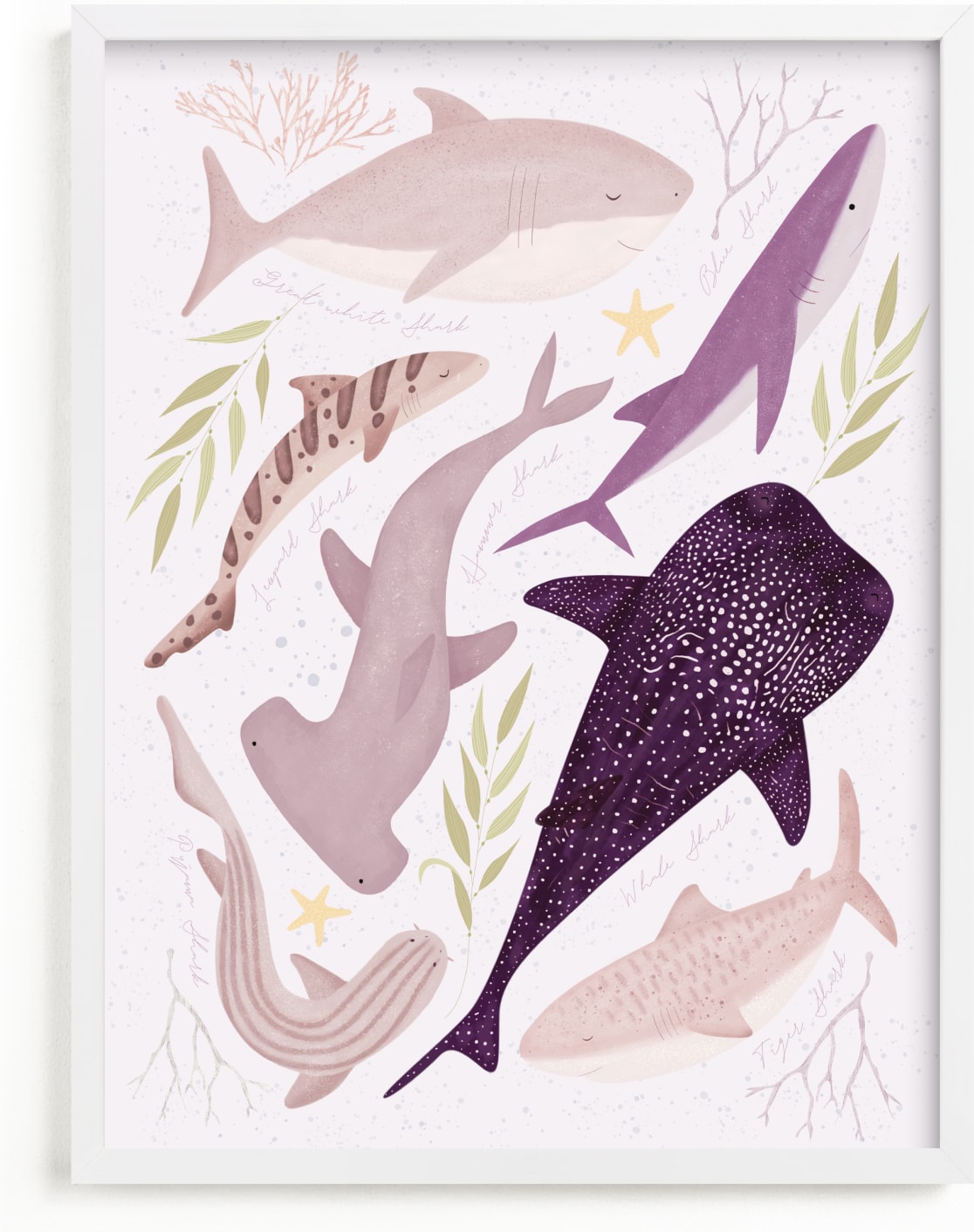 This is a purple art by Sabrin Deirani called Marvelous sharks.