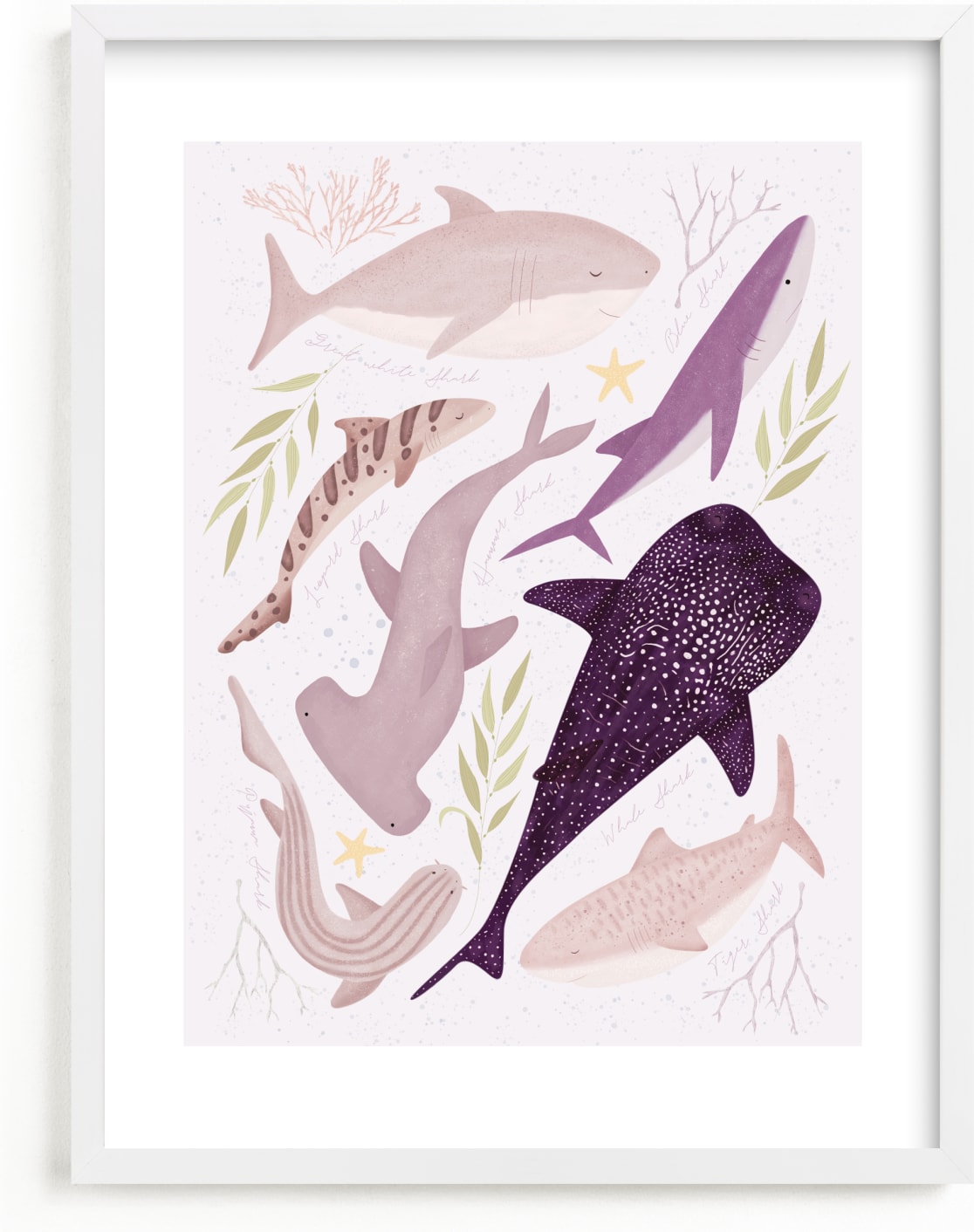 This is a purple art by Sabrin Deirani called Marvelous sharks.