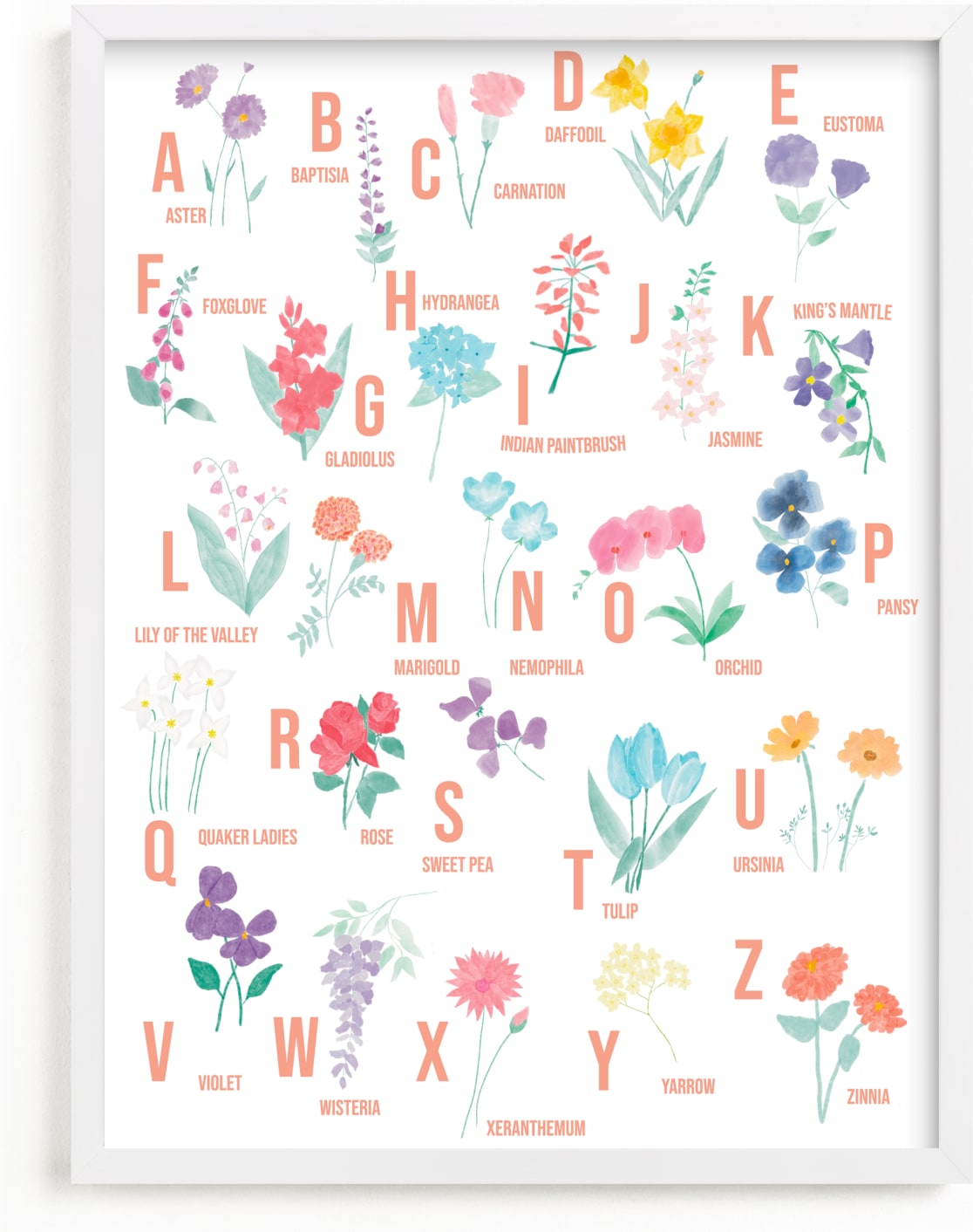 This is a colorful art by Jessica Kelemen called Flower Alphabet.