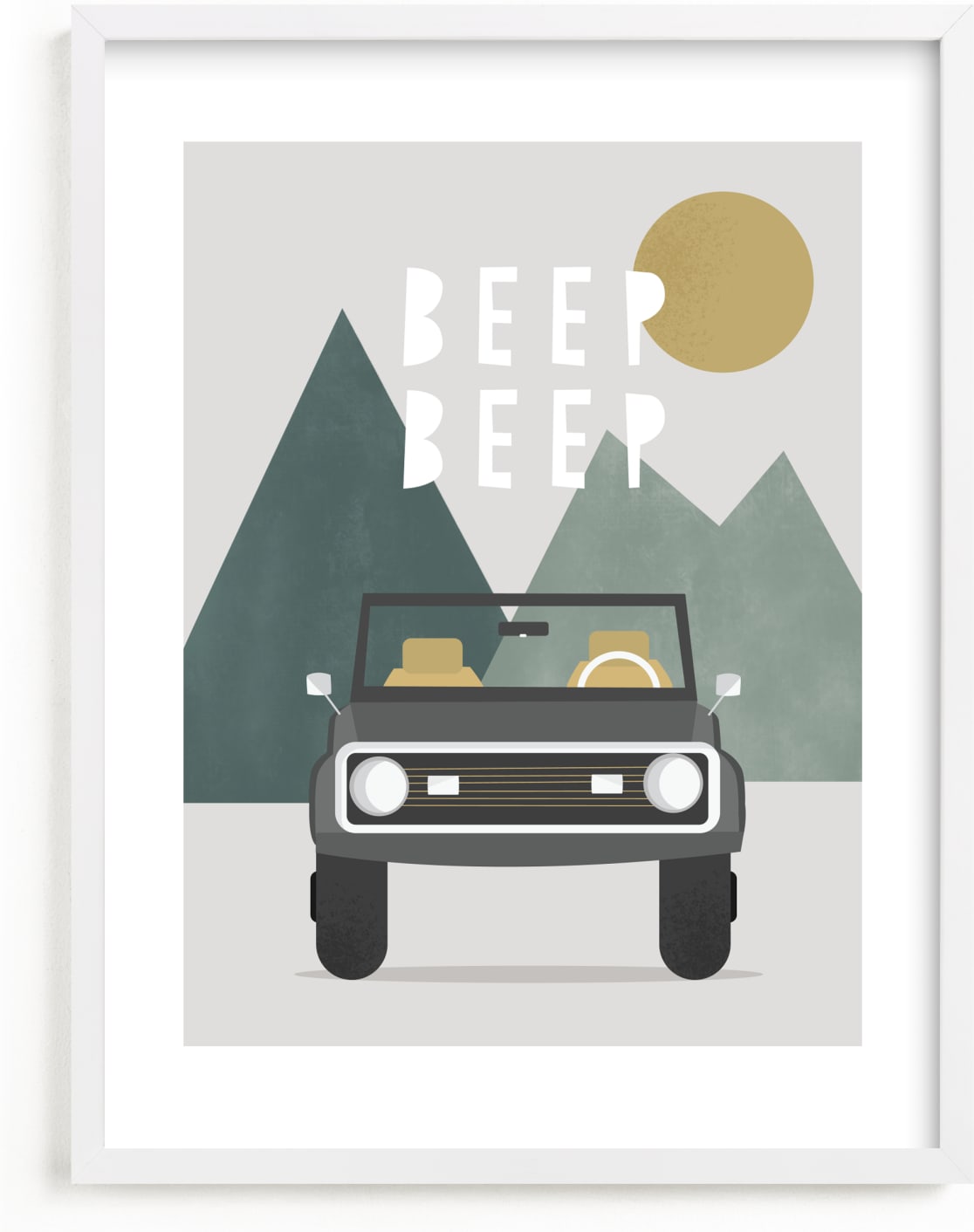 This is a yellow, grey, green art by Christie Garcia called Beep Beep.