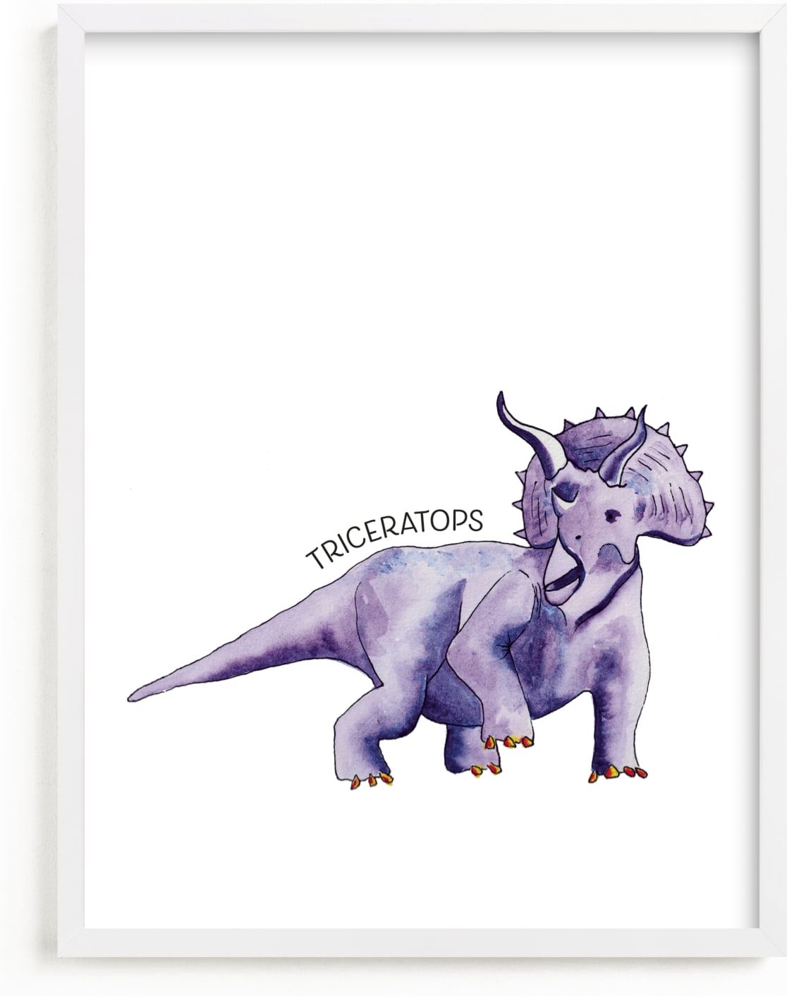 This is a purple art by Rachel Getz called Watercolor Dino Party Triceratops.