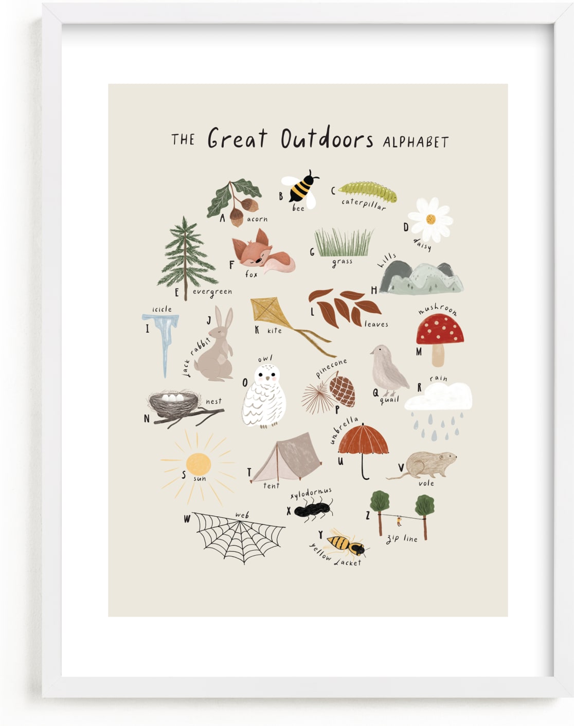 This is a brown art by Maja Cunningham called The great outdoors alphabet.