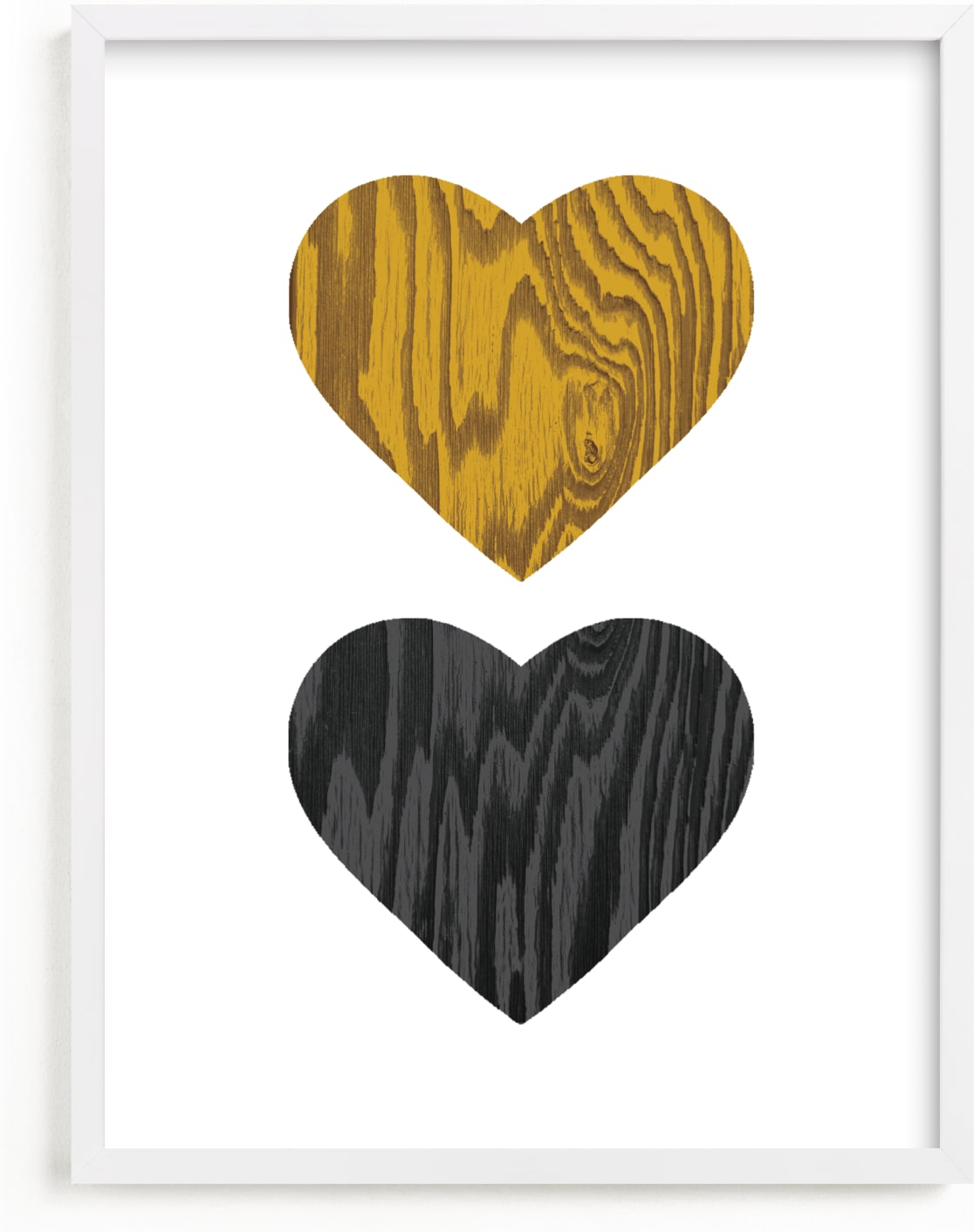 This is a yellow nursery wall art by Max and Bunny called Wood Grain Hearts.