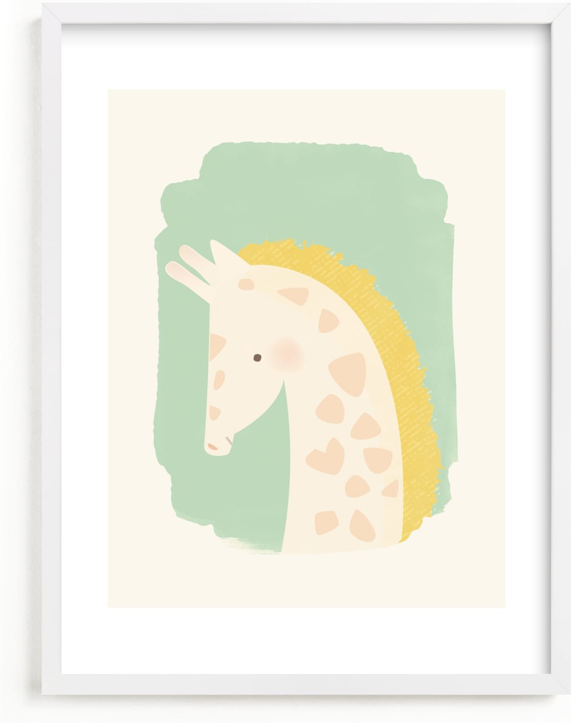 This is a yellow nursery wall art by Lori Wemple called Valentine Zoo Giraffe.