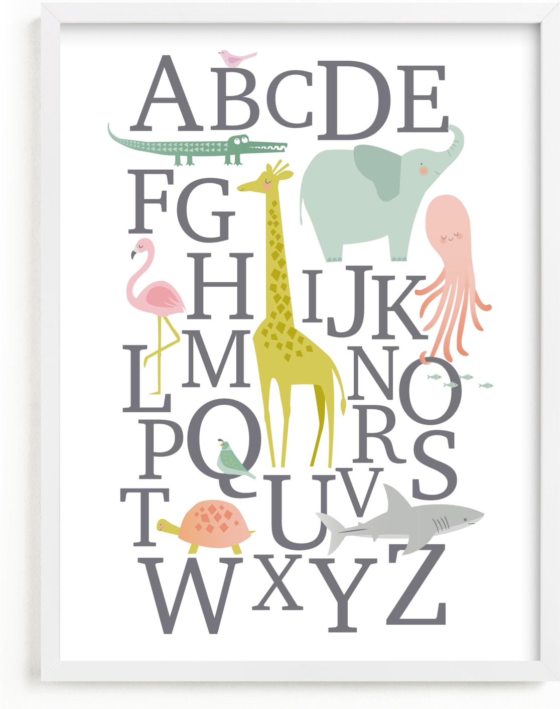 This is a yellow nursery wall art by Karidy Walker called Alphabet Animals.