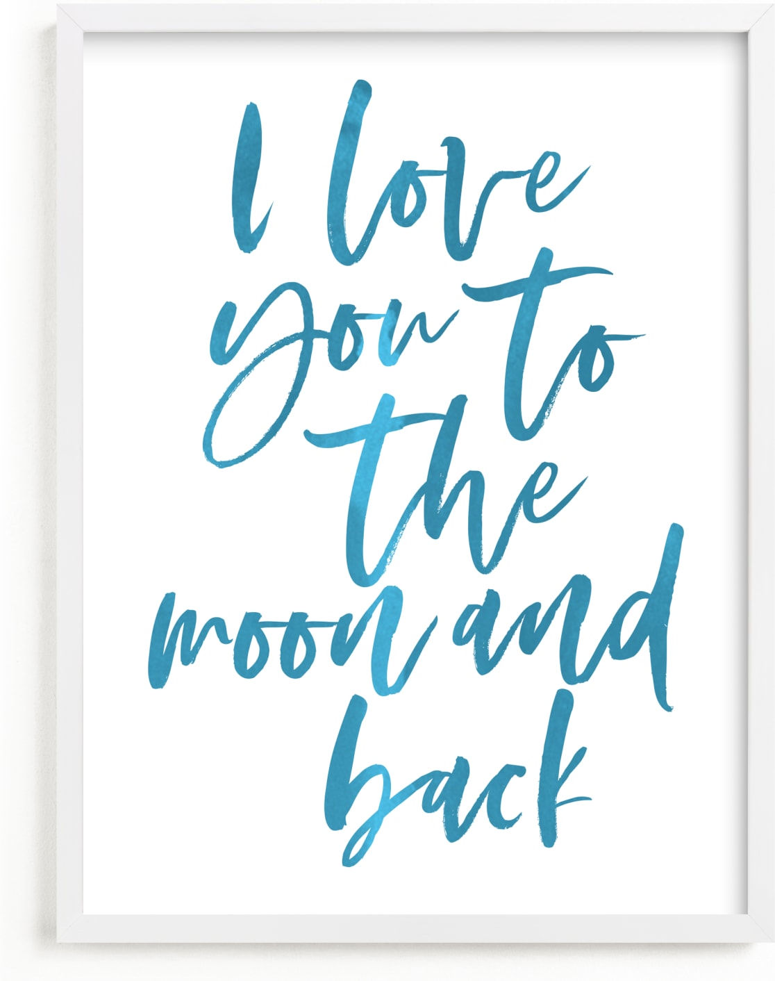 This is a blue nursery wall art by Caitlin Considine called I love you to the moon and back.