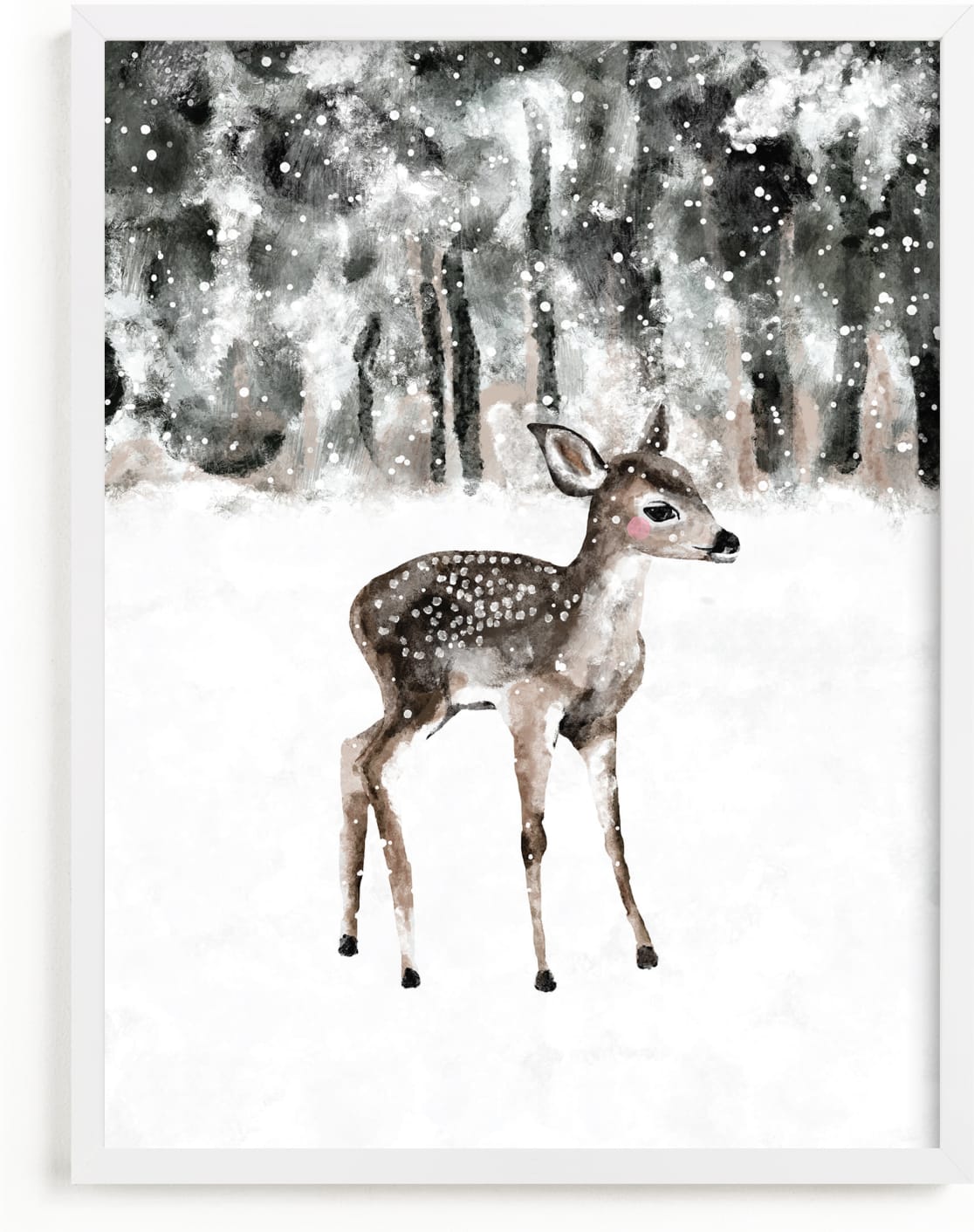 This is a brown nursery wall art by Cass Loh called winter baby deer.