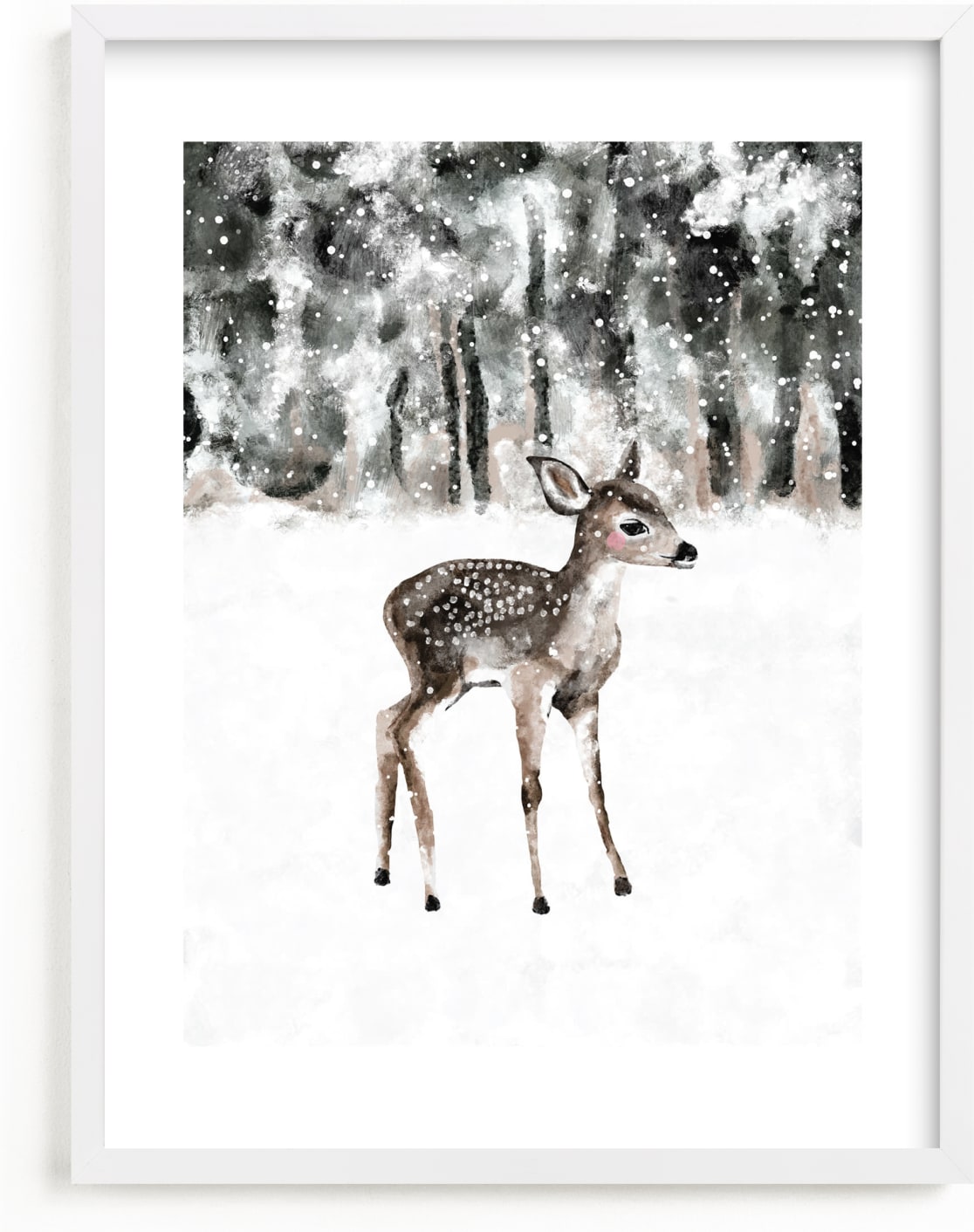 This is a brown nursery wall art by Cass Loh called winter baby deer.
