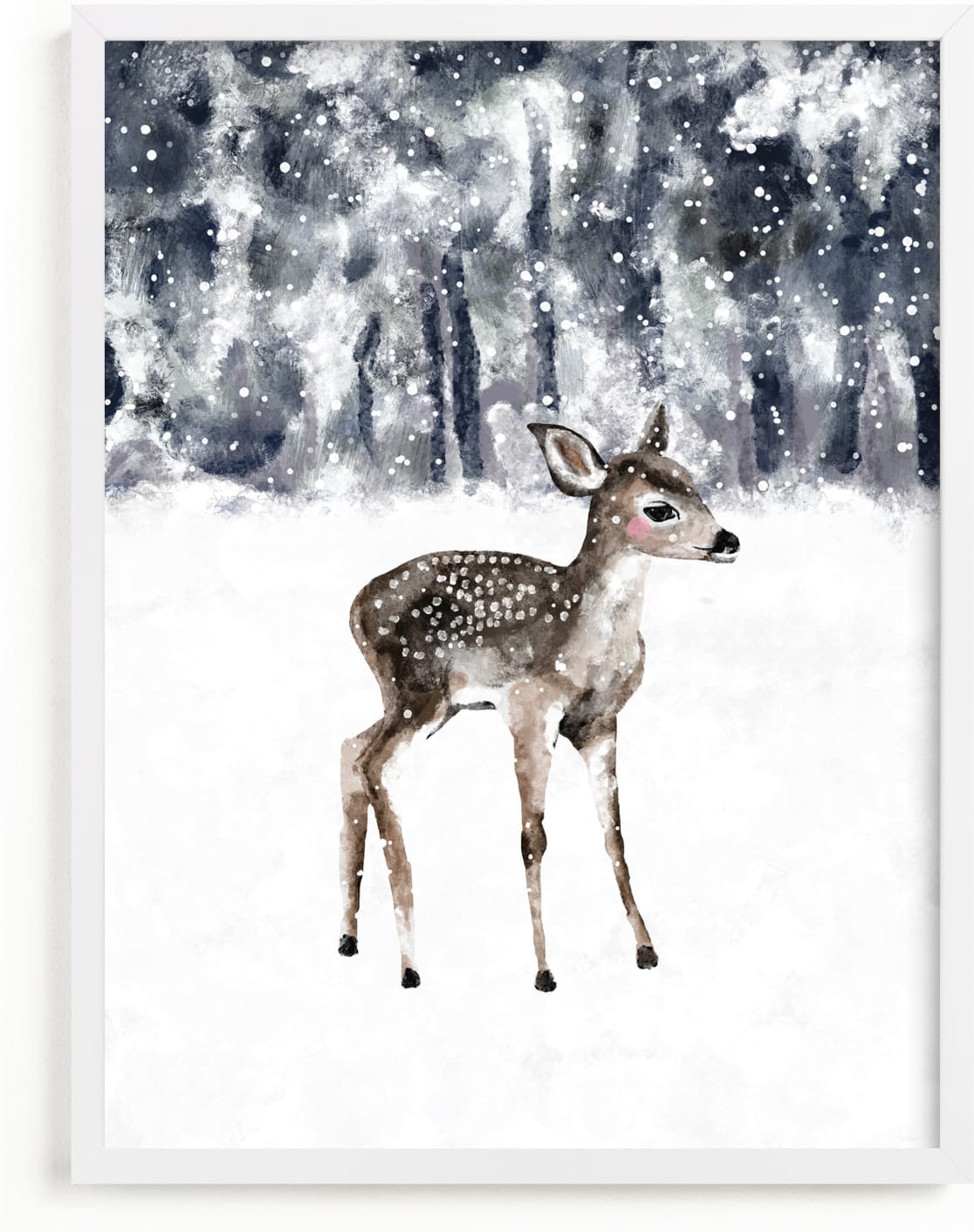 This is a blue nursery wall art by Cass Loh called winter baby deer.