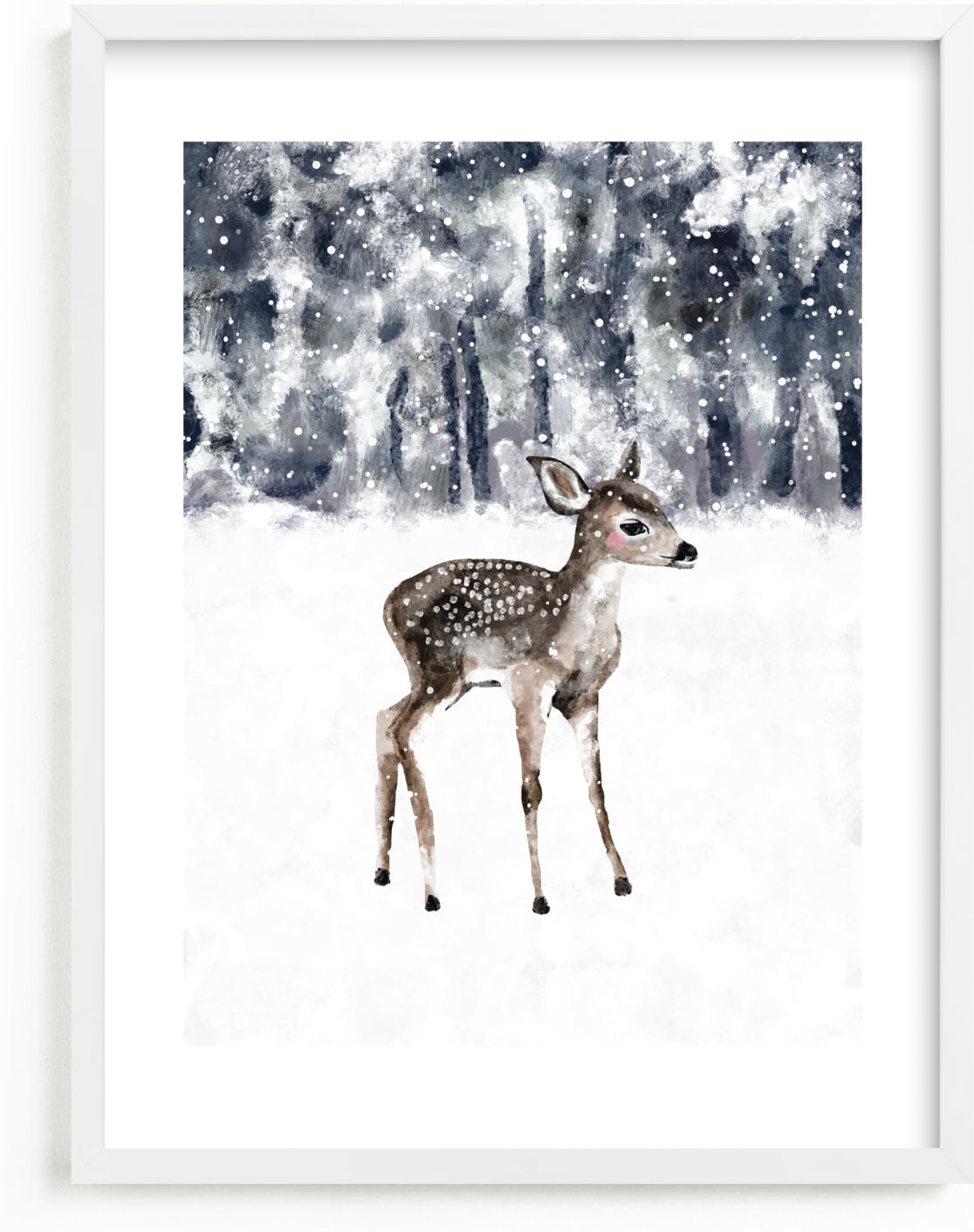 This is a blue nursery wall art by Cass Loh called winter baby deer.