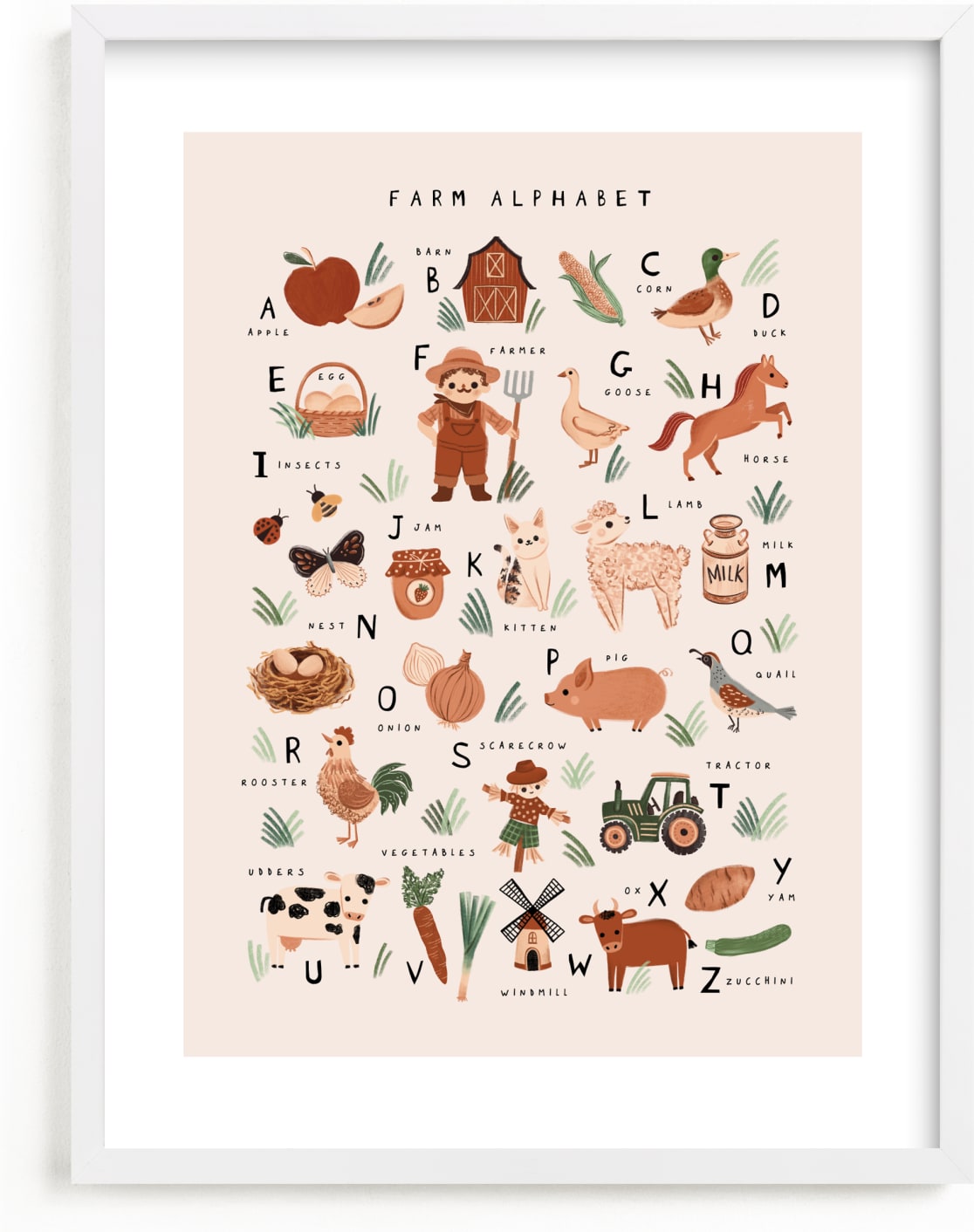 This is a brown nursery wall art by Vivian Yiwing called Farm Alphabet.