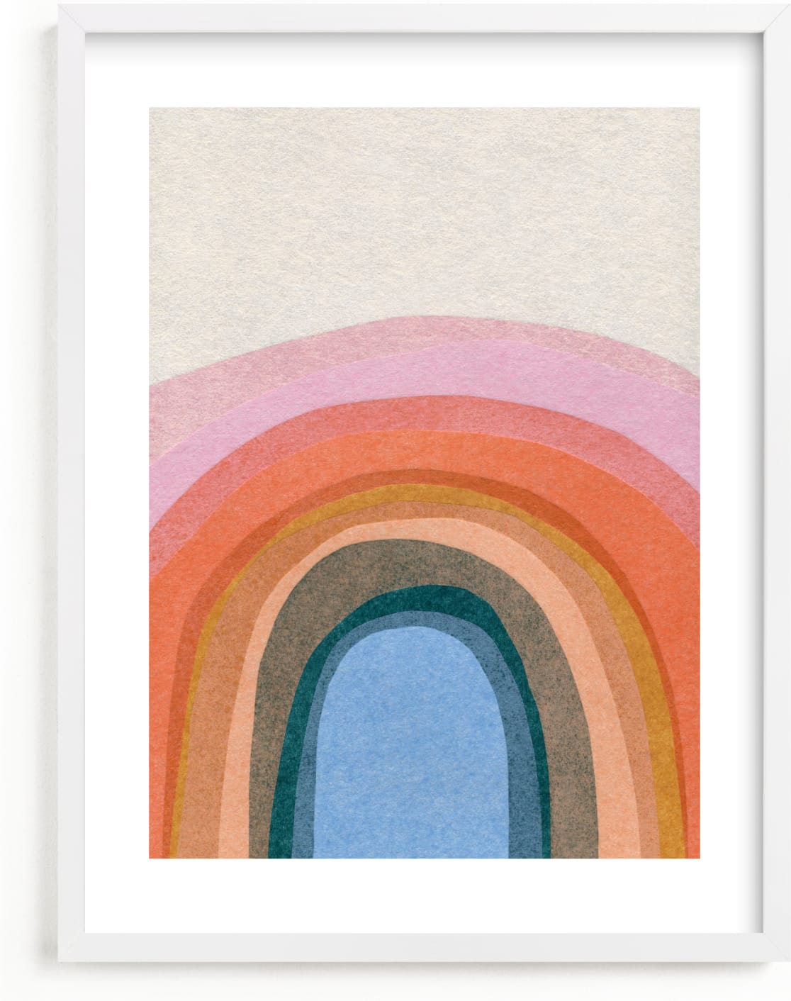 This is a blue, colorful, pink nursery wall art by Carrie Moradi called Rainbow Hill.