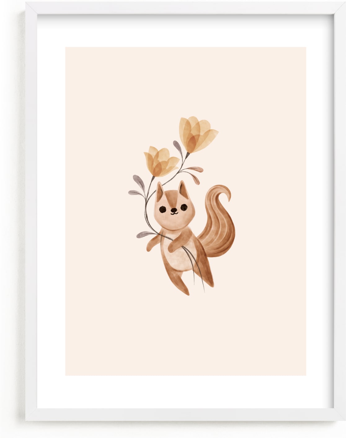 This is a brown nursery wall art by Vivian Yiwing called squirrel with flowers.