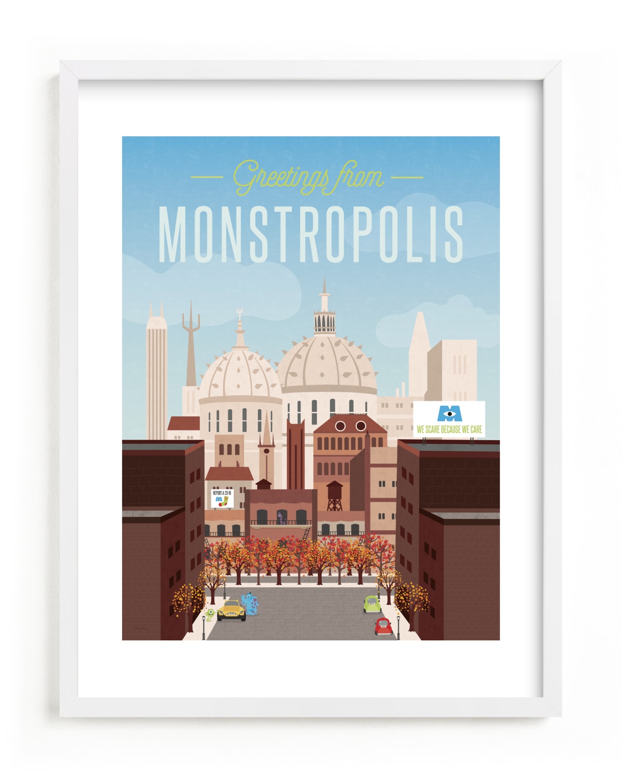 "Greetings from Monstropolis from Disney and Pixar's Monster's Inc" - Limited Edition Art Print by Erica Krystek in beautiful frame options and a variety of sizes.
