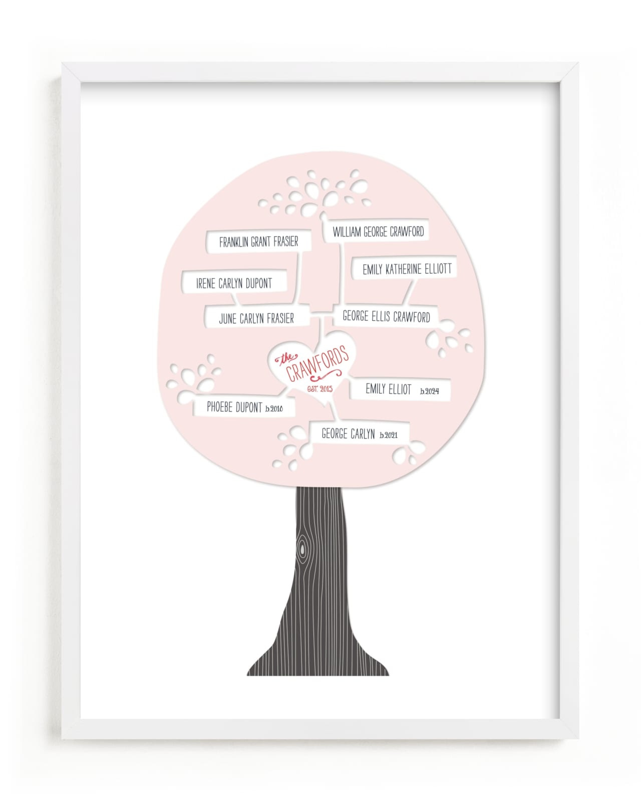 This is a pink family tree art by Alston Wise called Paper Tree Carving.