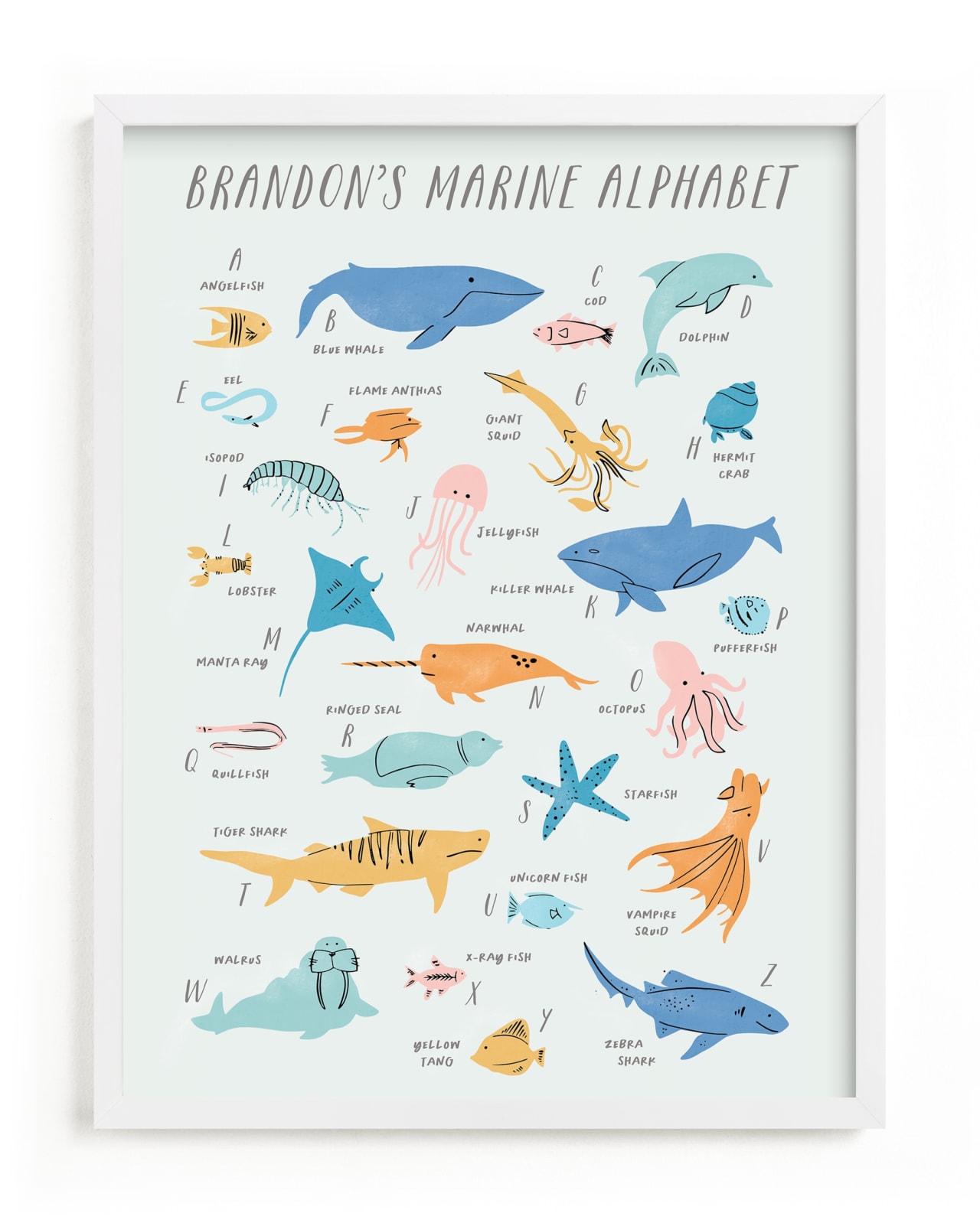 "Sea life alphabet" - Custom Open Edition Children's Art Print by Creo Study in beautiful frame options and a variety of sizes.