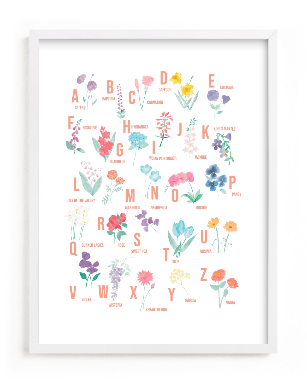 "Flower Alphabet" by Jessica Kelemen in beautiful frame options and a variety of sizes.