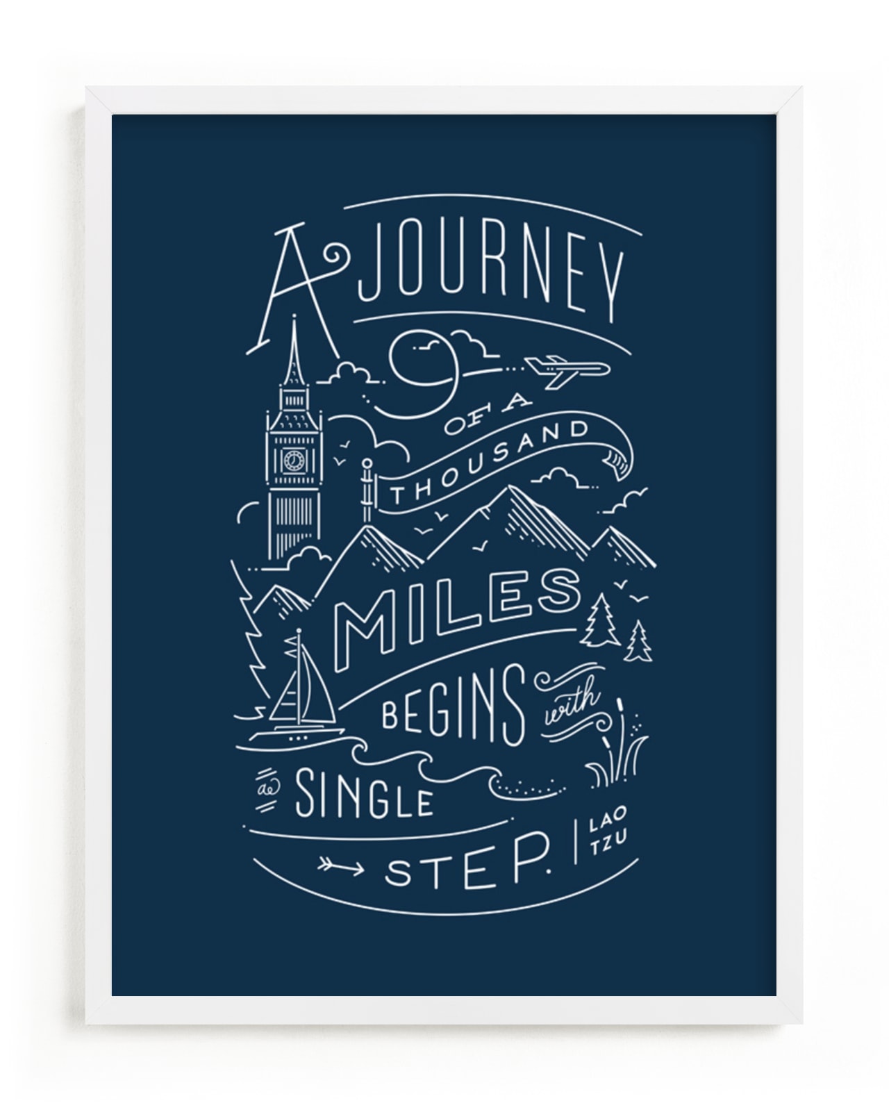 "Journey of a thousand miles" - Art Print in Midnight blue by Jennifer Wick - Framed