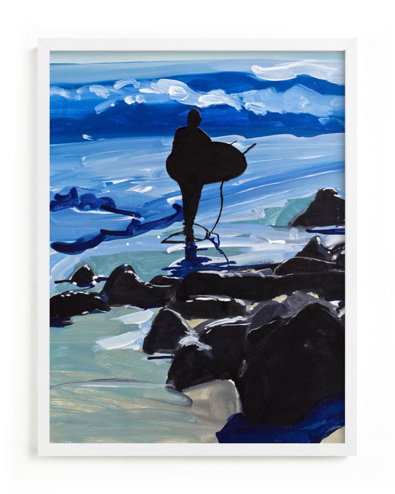 "Surfer in Silhouette" - Art Print by Annie Seaton in beautiful frame options and a variety of sizes.