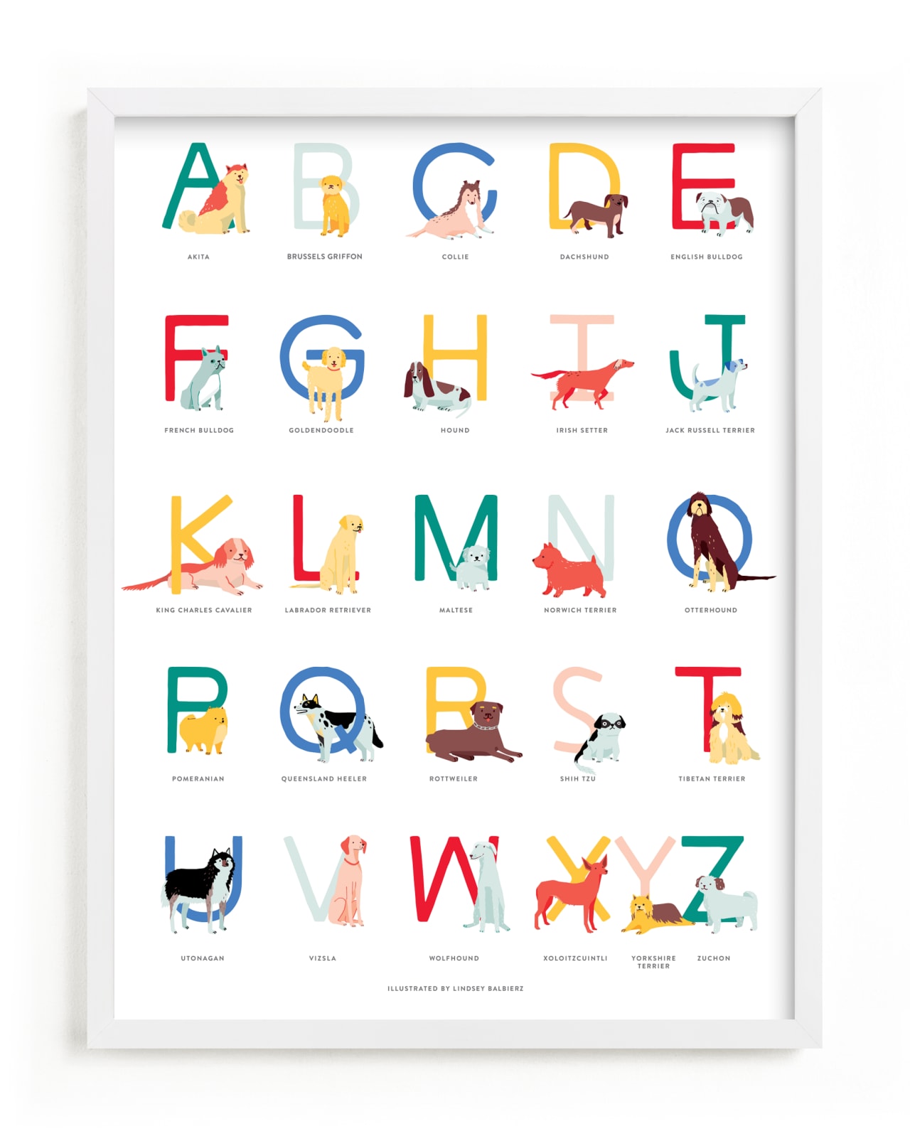 "Dogs from A to Z" - Art Print by Lindsey Balbierz in beautiful frame options and a variety of sizes.