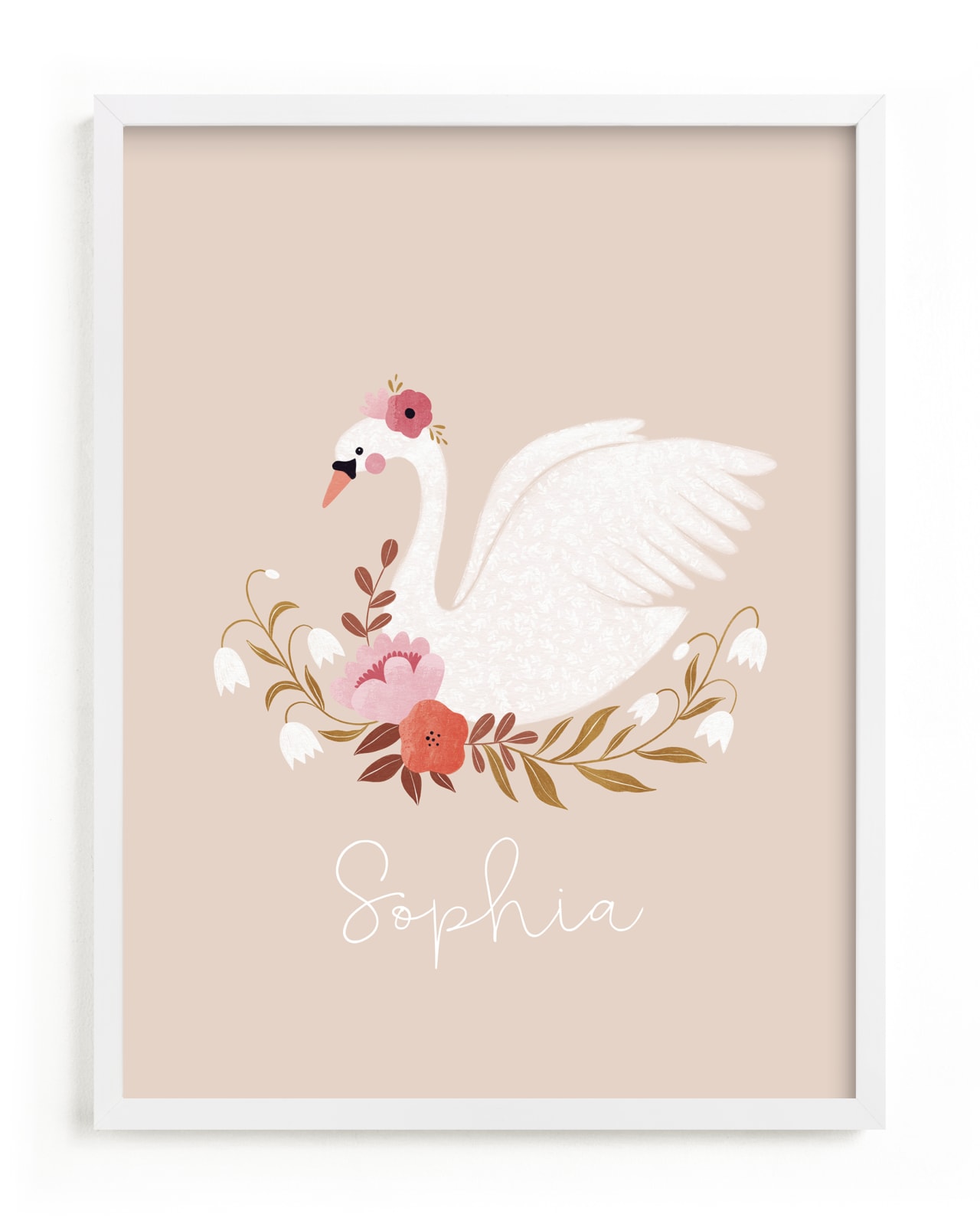 This is a pink nursery wall art by Tati Abaurre called Romantic swan.