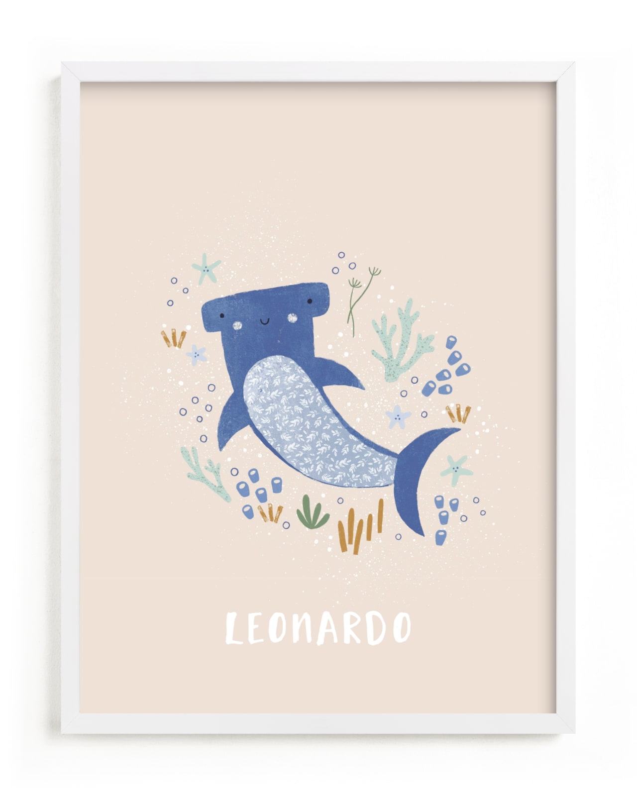 This is a blue nursery wall art by Tati Abaurre called Sharky cute.