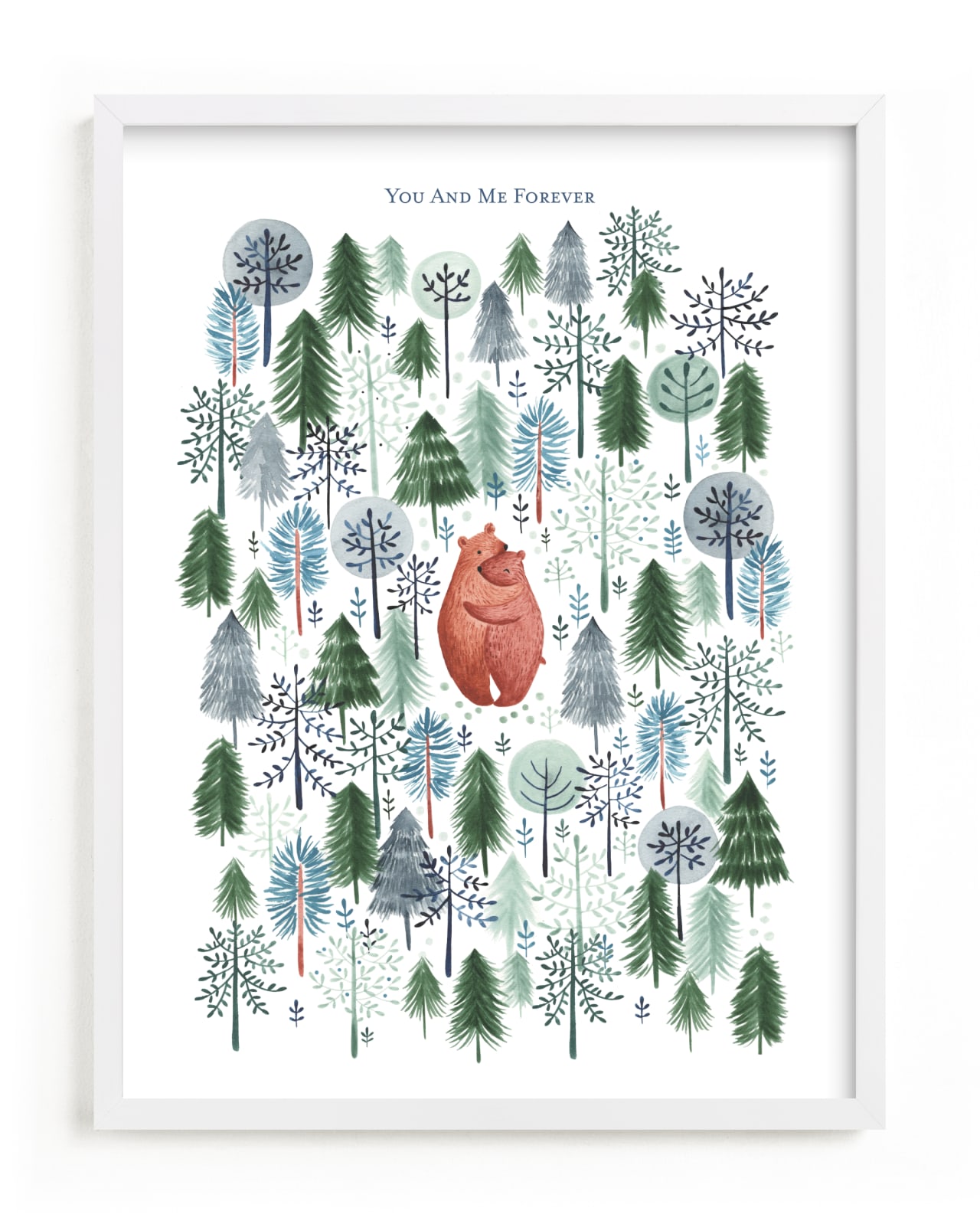 This is a blue, green nursery wall art by Sarah Knight called Never Alone.