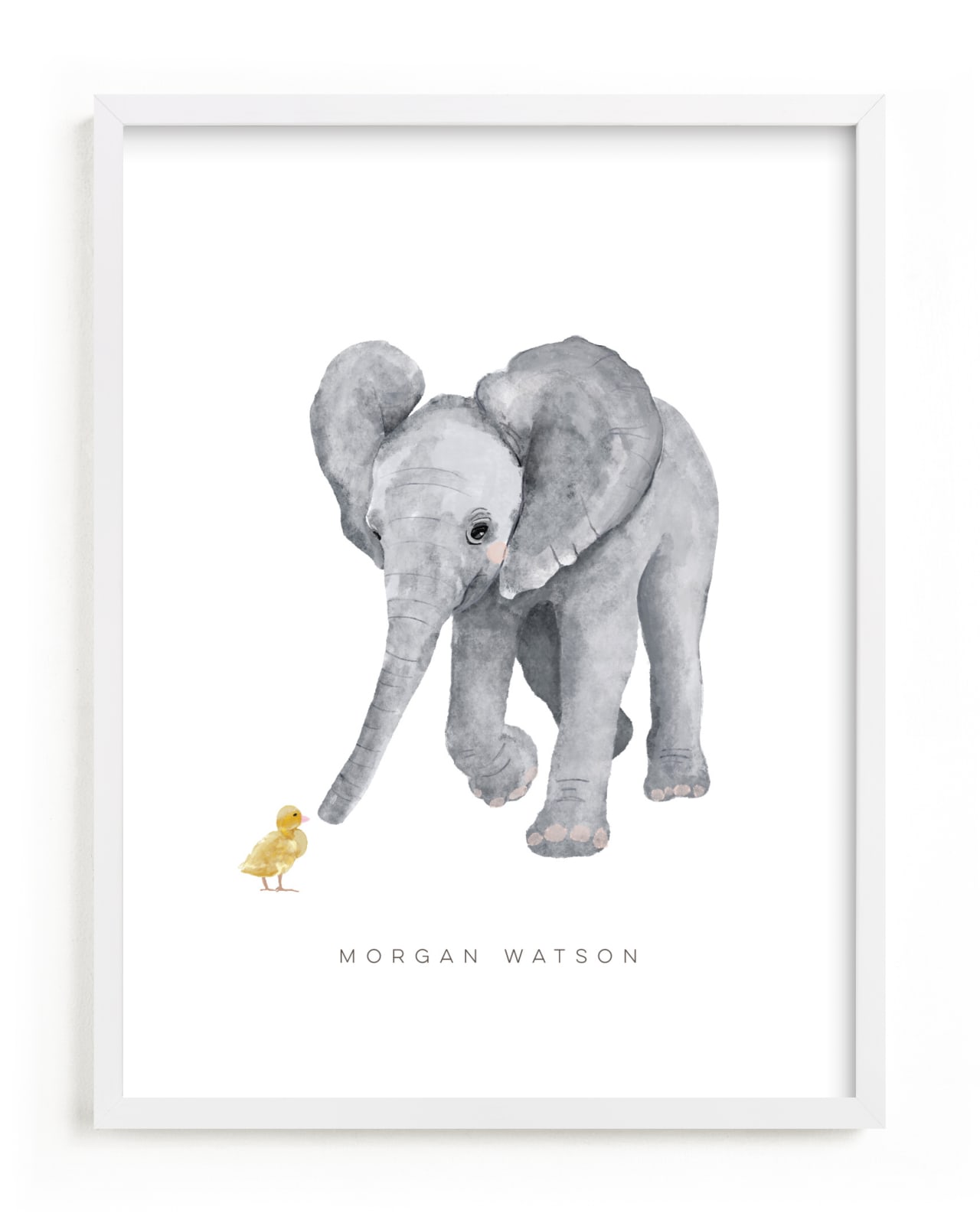 This is a colorful nursery wall art by Cass Loh called baby elephant and duckling.