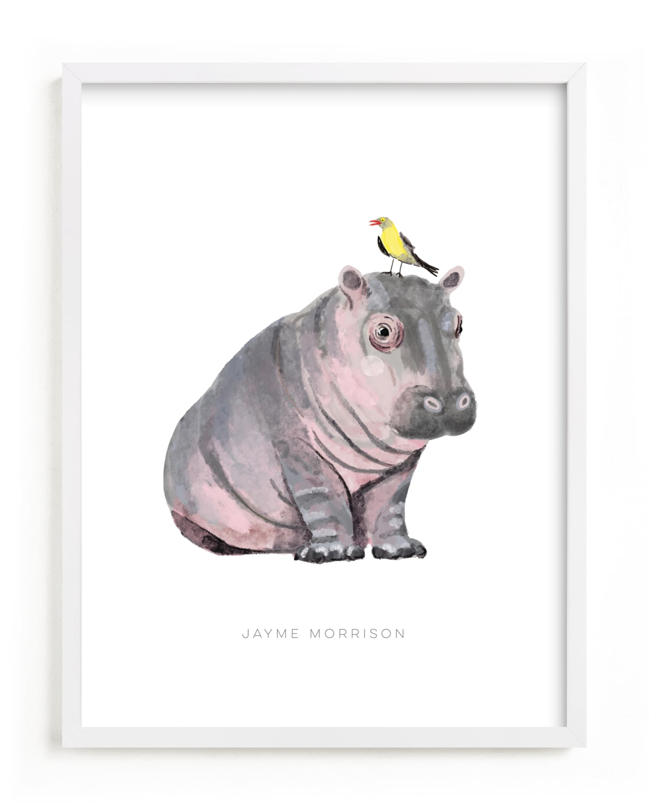 This is a grey nursery wall art by Cass Loh called baby hippo and bird.