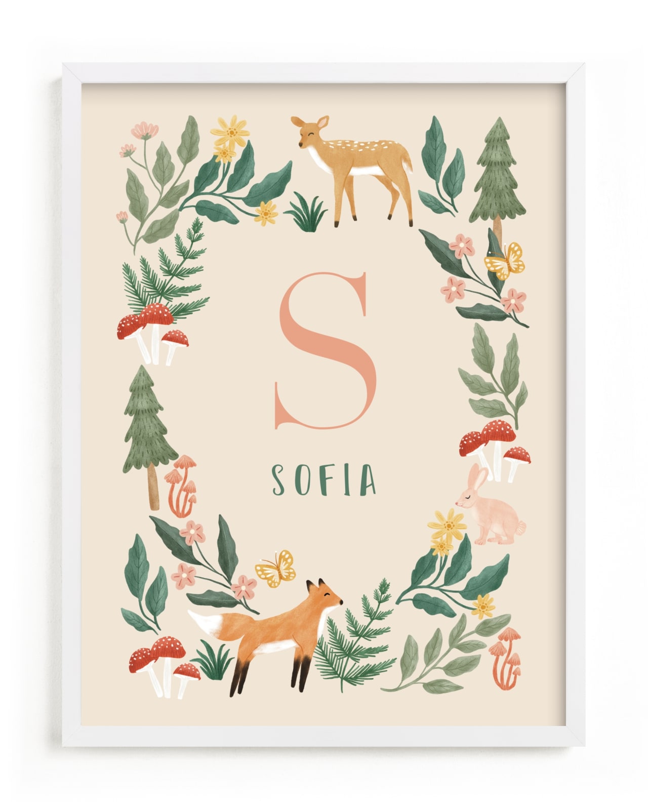 This is a colorful, beige nursery wall art by Elly called Wild Woodland.