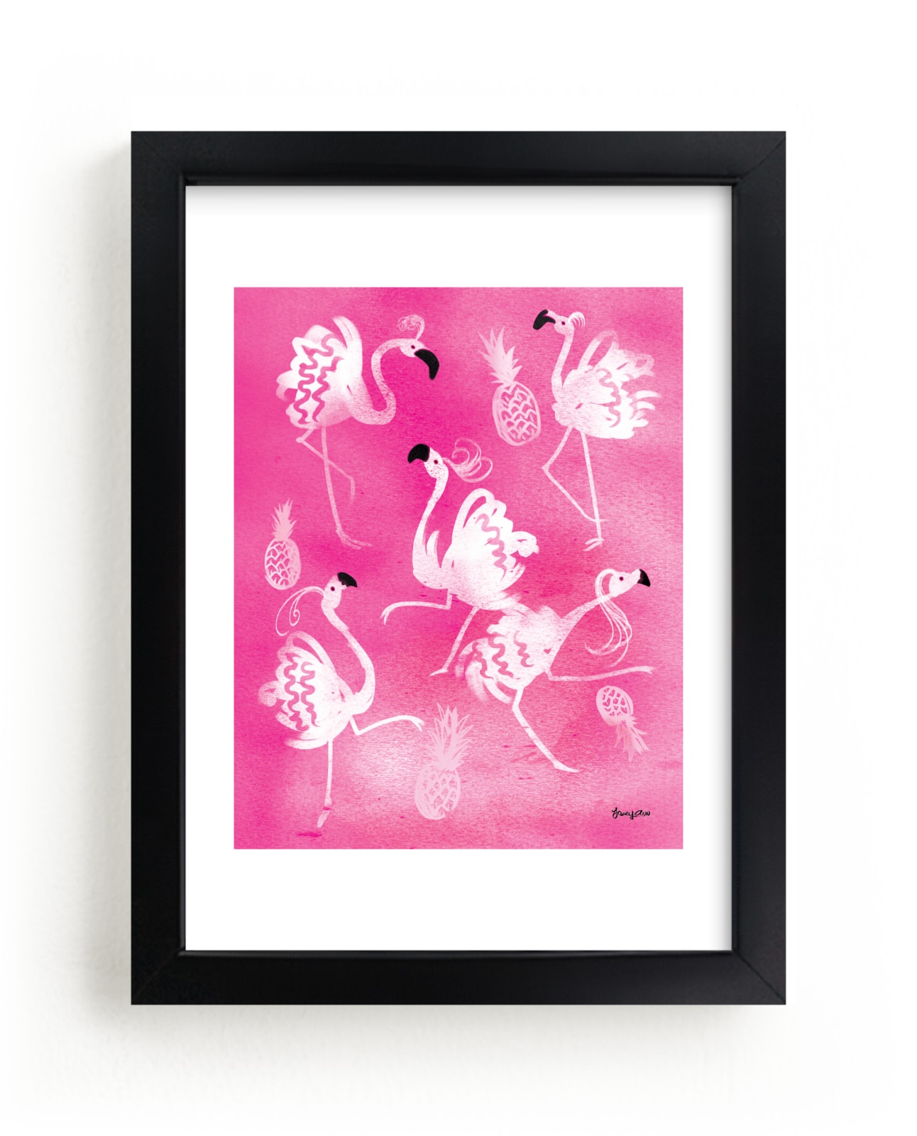 "Dancing Pink Flamingo " - Art Print by Tracy Ann in beautiful frame options and a variety of sizes.