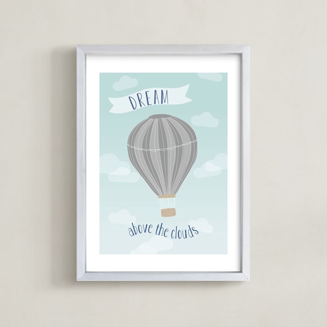 "Hot Air Balloon in the Clouds" - Art Print in Blue and Gray by Kayley Miller - Framed