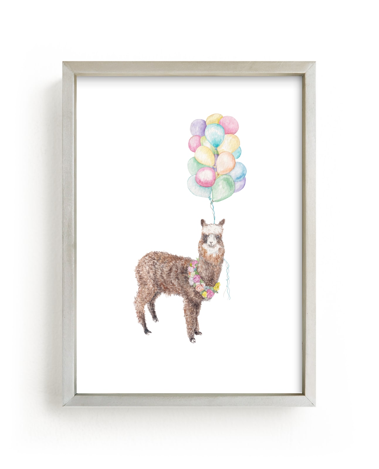 "Watercolor Llama With Balloons & Flowers" - Art Print by Lauren Rogoff in beautiful frame options and a variety of sizes.