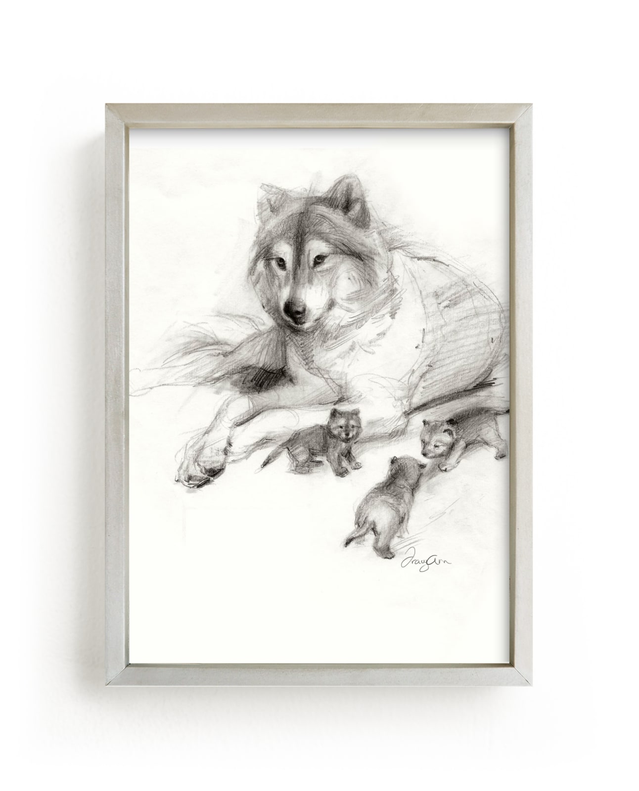 "Wolf with Small Cubs" by Tracy Ann in beautiful frame options and a variety of sizes.