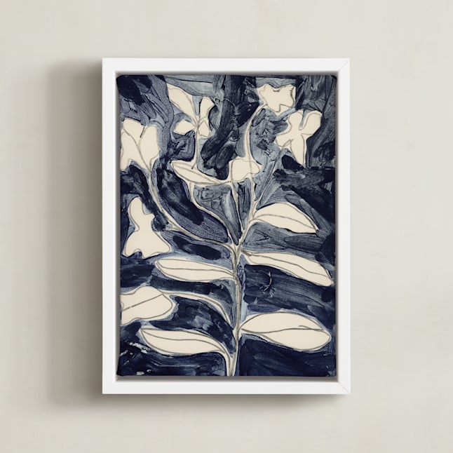 "Petals on Indigo" - Art Print in Indigo Blue by Deborah Velasquez - Framed Canvas