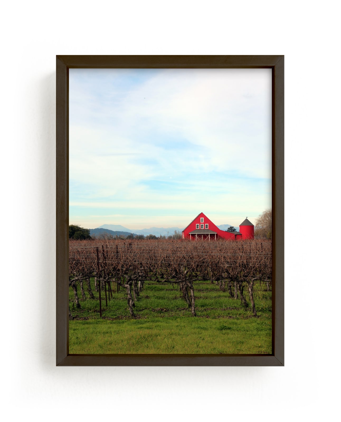 "Red Barn in the Vineyards" by Lauren Manas in beautiful frame options and a variety of sizes.