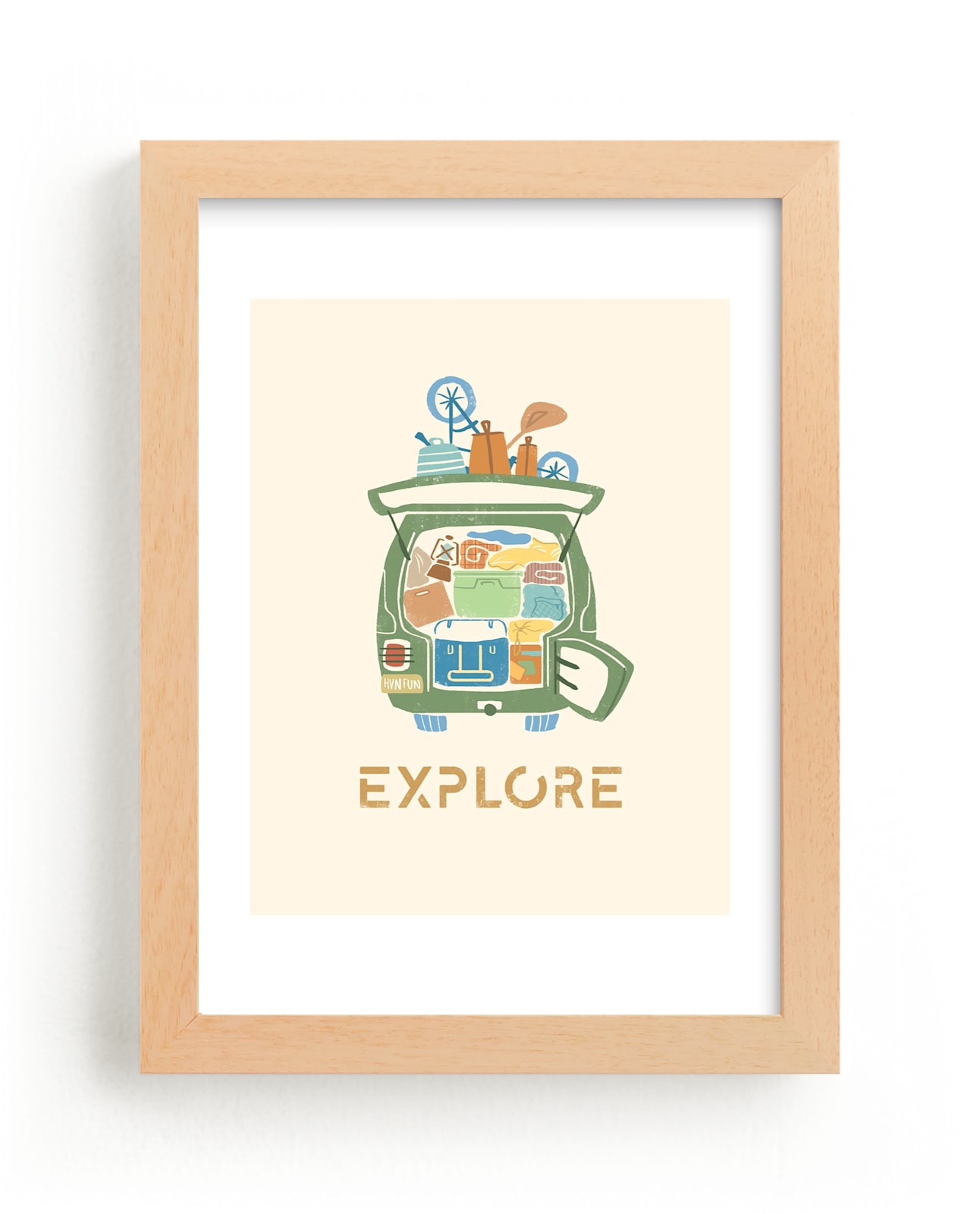 "All Packed and Ready to Explore" - Art Print in Pine by Kayla Buchner - Framed