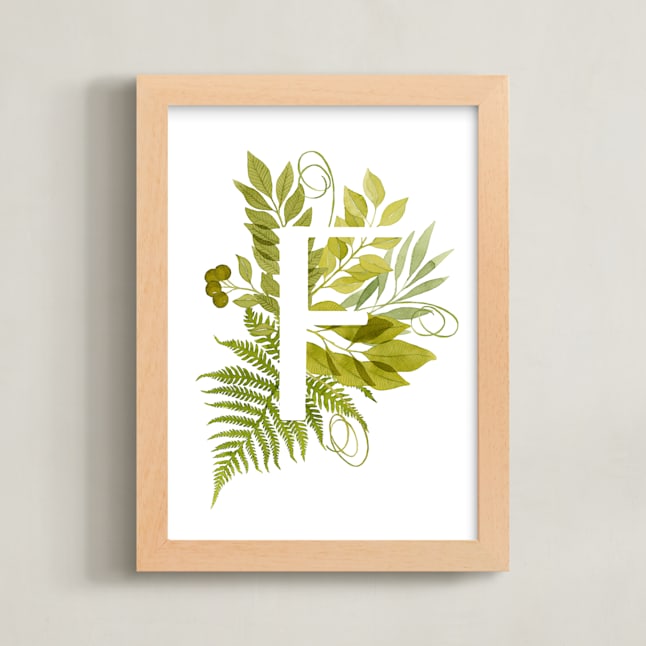 "Floral Monogram with Fern. Letter F" - Art Print in grass green by Helga Wigandt - Framed