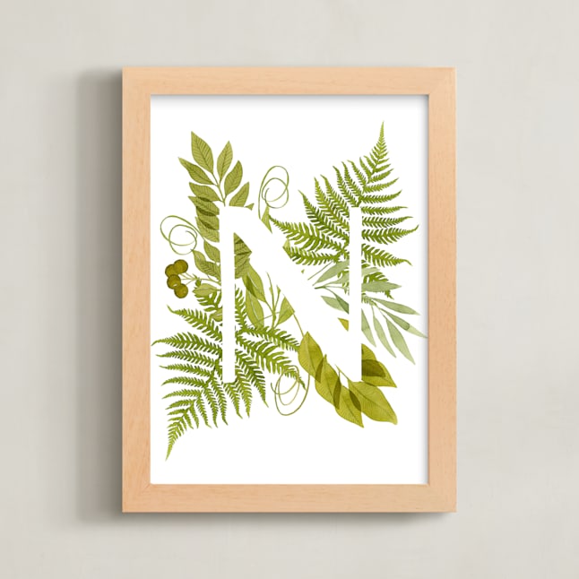 "Floral Monogram with Fern. Letter N" - Art Print in Pistachio Green by Helga Wigandt - Framed