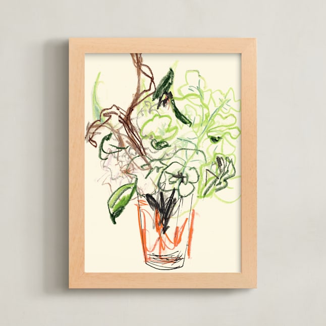 "Camelias and geraniums" - Art Print in green geraniums by Bethania Lima - Framed