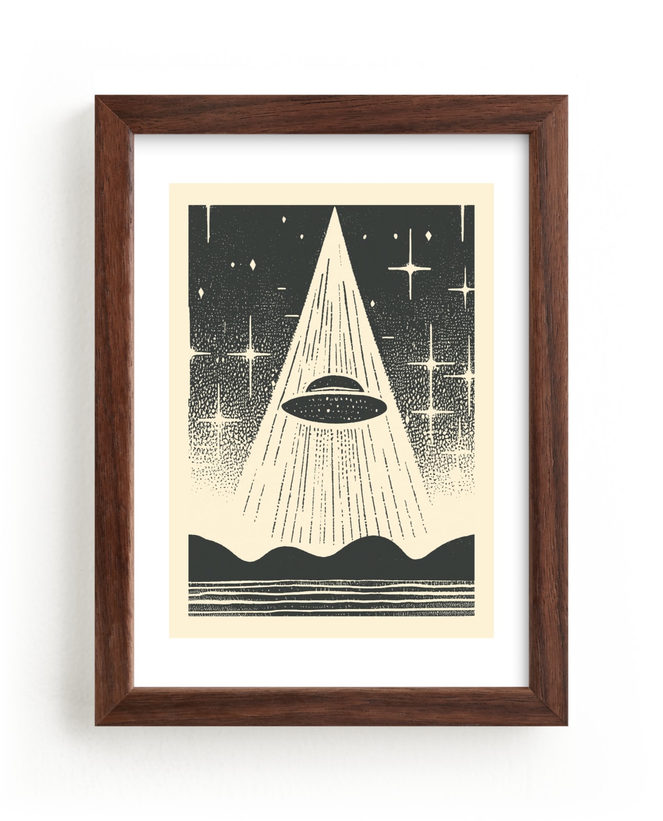 "UFO Encounters: Nostalgic Retro Woodcut" - Limited Edition Art Print by Roseanne Kenny in beautiful frame options and a variety of sizes.