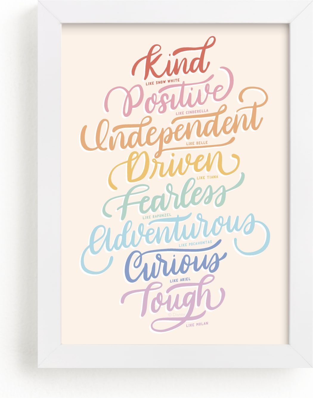 This is a colorful disney art by Carolyn Kach called Disney Princess Traits.