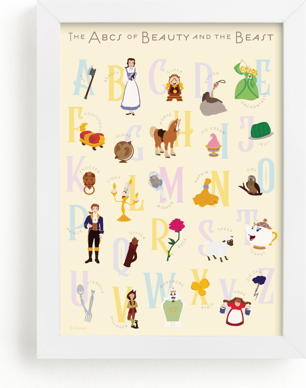 This is a colorful disney art by Christie Kelly called The ABCs of Disney's Beauty and the Beast.