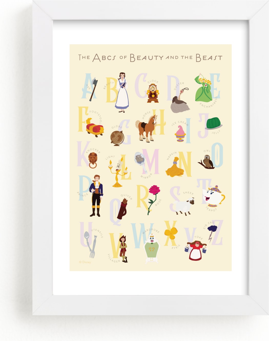 This is a colorful disney art by Christie Kelly called The ABCs of Disney's Beauty and the Beast.