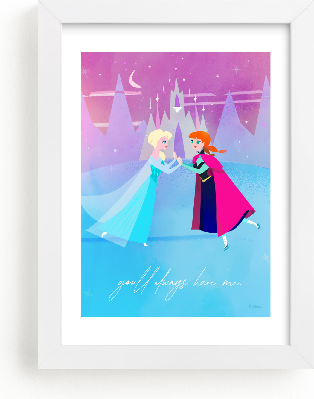 This is a blue, pink disney art by Lori Wemple called Elsa and Anna from Disney's Frozen.