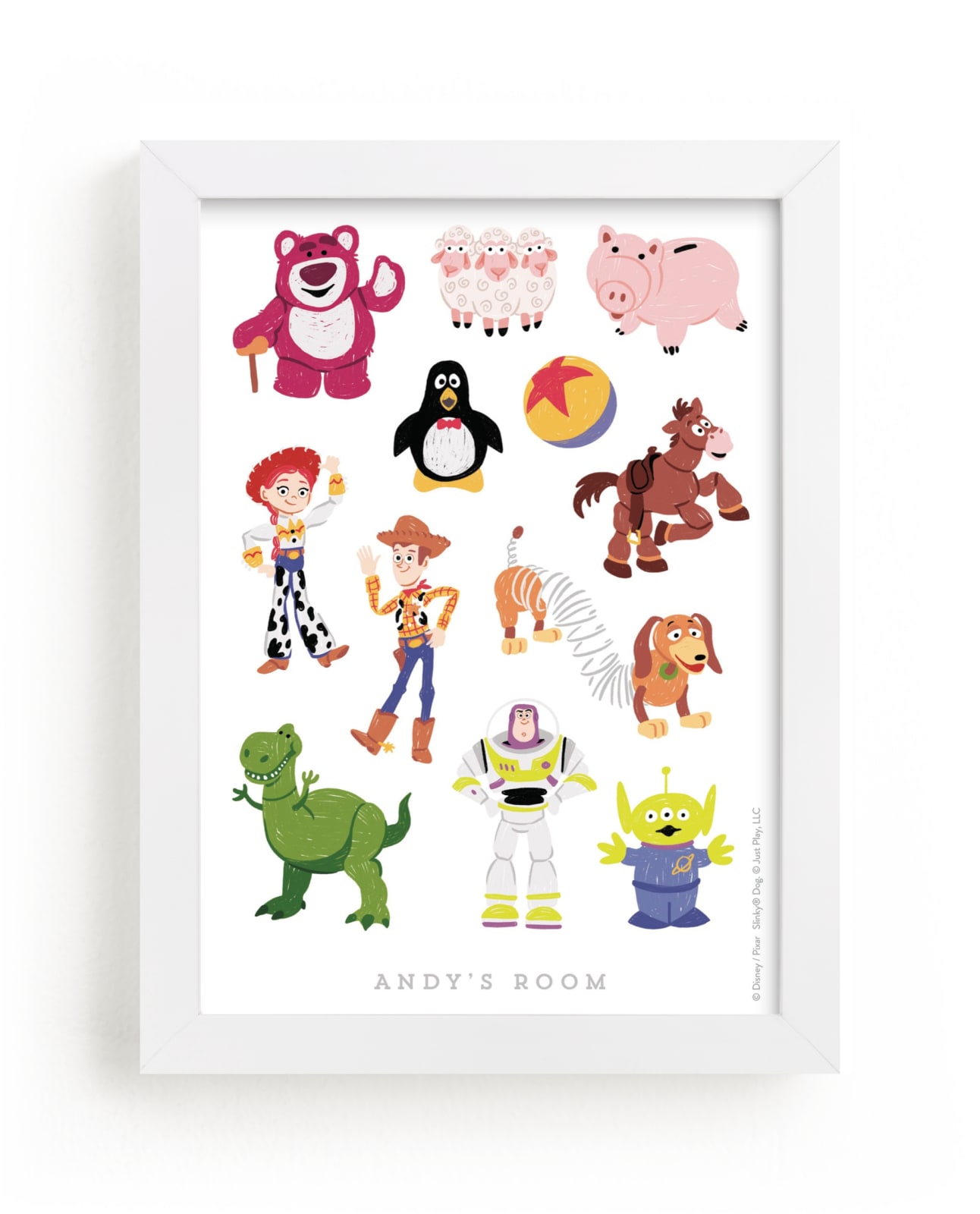 "Andy's Toys from Disney and Pixar's Toy Story" - Disney Custom Open Edition Children's Art Print by Rebecca Smith in beautiful frame options and a variety of sizes.