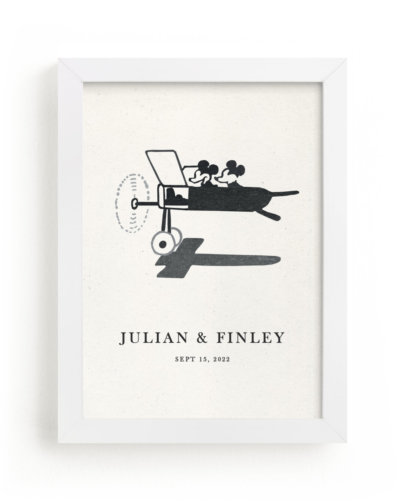 "Disney's Mickey and Minnie on the plane" by Sumak Studio in beautiful frame options and a variety of sizes.
