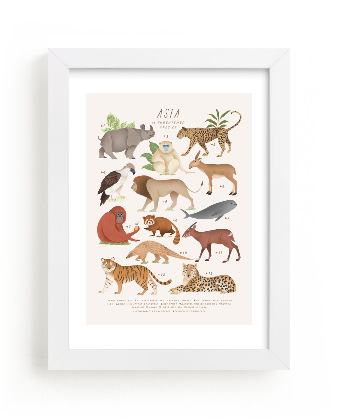 "Asia, endangered animals" by Sabrin Deirani in beautiful frame options and a variety of sizes.