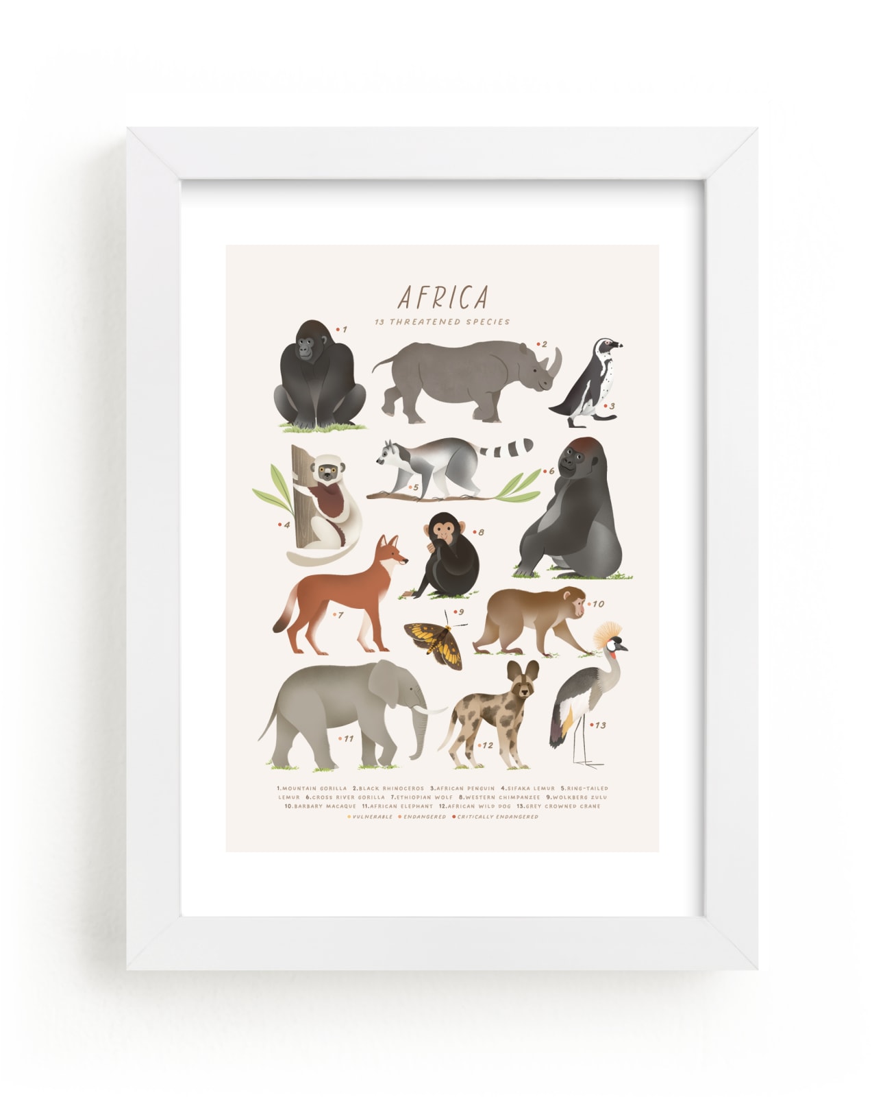 "Africa, endangered animals" by Sabrin Deirani in beautiful frame options and a variety of sizes.