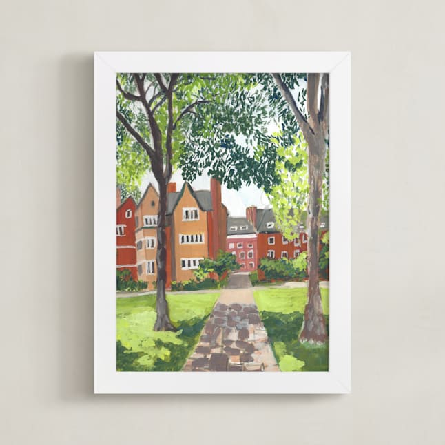 "Leafy Garden View" - Art Print in leafy green, red brick by Valerie Hamill - Framed